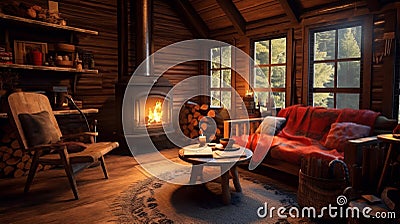 Interior of a log cabin. Cozy living space with fireplace. Generative AI. Stock Photo