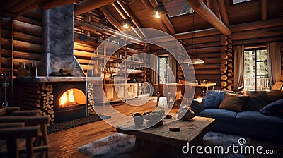 Interior of a log cabin. Cozy living space with fireplace. Generative AI. Stock Photo