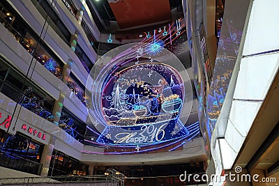 Interior of the luxury shopping mall for The Chinese new Year of Monkey set up in Shanghai Editorial Stock Photo