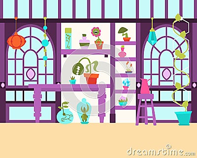 Interior of the magical greenhouse Vector Illustration