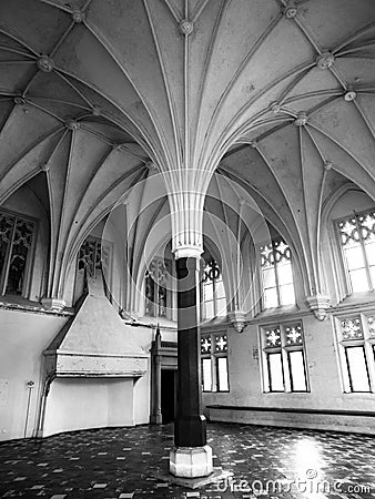 Interior of Malbork Castle, aka Marienburg, central pillar and radial vault ceiling in Summer Refectory, Pomerania Editorial Stock Photo