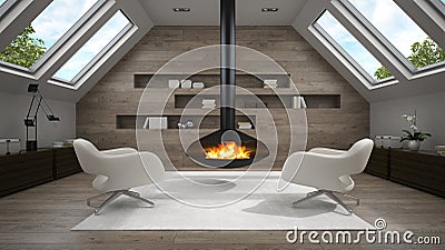 Interior of mansard room with fireplace 3D rendering Stock Photo