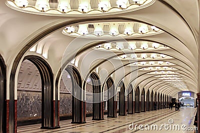 Interior of Mayakovskaya undeground station. Beautiful architecture of Moscow subway. Editorial Stock Photo