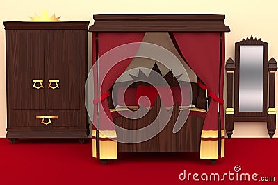 Interior of medieval royal bedroom with wooden furniture. 3d rendering Stock Photo