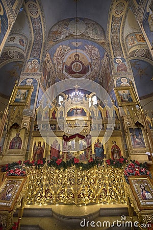 Interior of the Memorial Temple of the Birth of Christ church in Shipka, Bulgaria Editorial Stock Photo