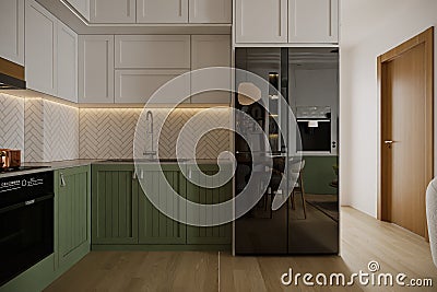 Interior of Minimalist Open Kitchen With White and Green Ava and Black Fridge Stock Photo