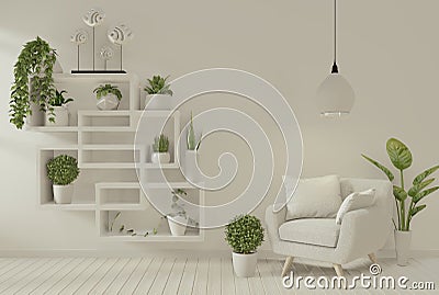 Interior mock up poster armchair and decoration plants in living room mock up design. 3D rendering Stock Photo