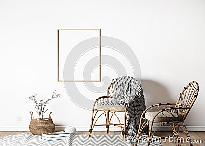 Interior mock up poster frame in white modern background, living room, Scandinavian style Cartoon Illustration