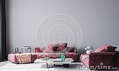 Interior mock up for red velvet couch and white marble table in grey modern living room .styled stock photography. template. 3d re Cartoon Illustration