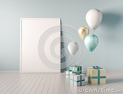 Interior mock up scene with blue and gold gift boxes and balloons. Realistic glossy 3d objects for birthday party or promo posters Stock Photo