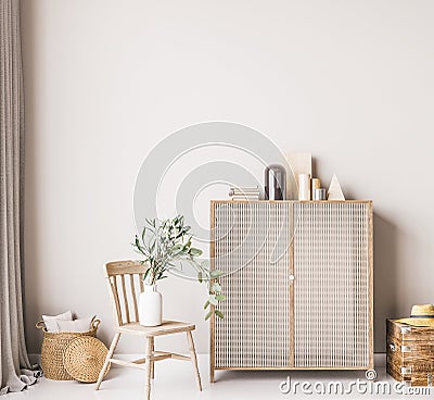 Interior mock up in white simple design with wooden furniture, Scandinavian style Stock Photo