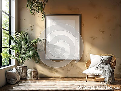 Interior mockup with a blank frame, plants, and a cozy armchair. 3d rendering Stock Photo