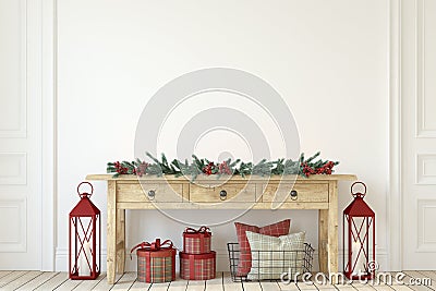 Interior mockup. Christmas farmhouse interior. 3d render Stock Photo