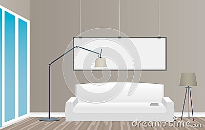 Interior mockup in loft style with empty frame, sofa and window. Hipster design concept. Vector Illustration