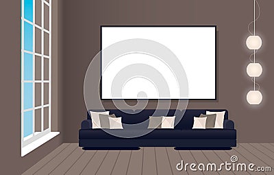 Interior mockup in loft style with sofa and empty frame. Hipster design concept. Vector Illustration