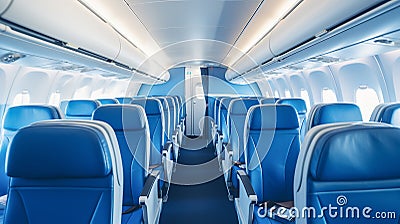 Interior of a modern airplane with rows of empty seats of economy class. Sustainable traveling holiday getaway Stock Photo