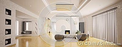 Interior of modern apartment panorama 3d render Stock Photo