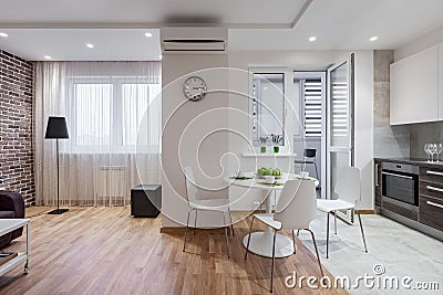 Interior of modern apartment in scandinavian style with kitchen Stock Photo