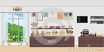 Interior of modern bakery shop with display counter Vector Illustration