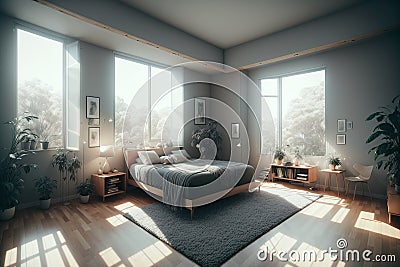 Interior of modern bedroom with comfortable king size bed and window with countryside view. Generative AI Stock Photo