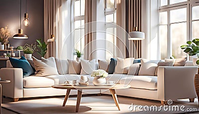 Interior of a modern bright living room with a white sofa, romantic light colors, lots of cute details creating a cozy atmosphere, Cartoon Illustration
