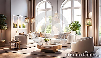 Interior of a modern bright living room with a white sofa, romantic light colors, lots of cute details creating a cozy atmosphere, Cartoon Illustration