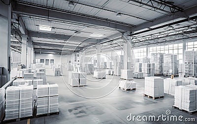 interior of a modern bright warehouse with many boxes inside Stock Photo