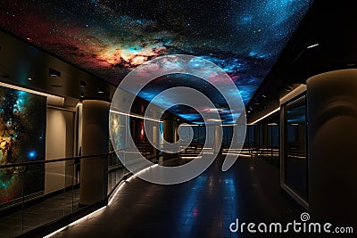 The interior of a modern building with a view of the universe. Generative AI Stock Photo