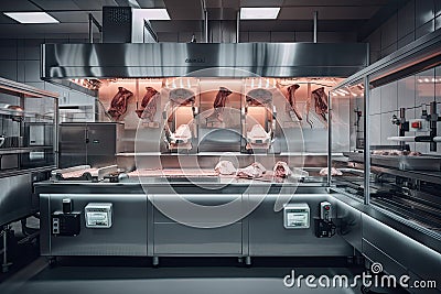 Interior of a modern butchers shop. Shallow depth of field. futuristic butcher cutting meat inside a bustling butcher shop, AI Stock Photo