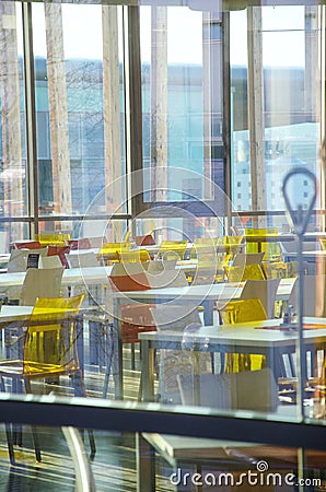 Interior of modern company lunchroom behind window Stock Photo