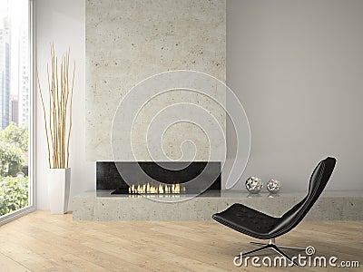 Interior of modern design loft with fireplace 3D rendering Stock Photo