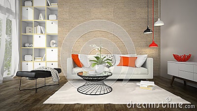 Interior of modern design room with cork wall 3D rendering Stock Photo