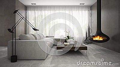Interior of modern design room with fireplace 3D rendering Stock Photo