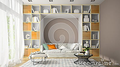 Interior of modern design room with shelf wall 3D rendering Stock Photo