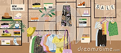 Interior of modern fashionable boutique vector flat illustration. Colorful clothes, shoes and accessories assortment on Vector Illustration