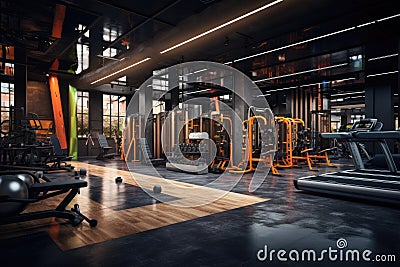 Interior of a modern gym with fitness equipment. 3d rendering, cool fitness gym, AI Generated Stock Photo