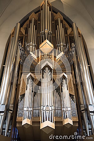 Interior of modern Hallgrimskirkja church organ in Reykjavik, Iceland Editorial Stock Photo