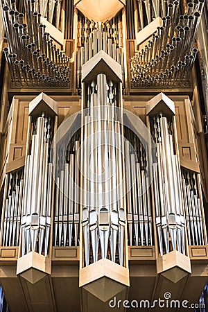 Interior of modern Hallgrimskirkja church organ in Reykjavik, Iceland Editorial Stock Photo