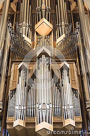 Interior of modern Hallgrimskirkja church organ in Reykjavik, Iceland Editorial Stock Photo