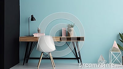 Interior of modern home office with wooden desk, chair and plant, blue walls. Minimalistic style. Stock Photo