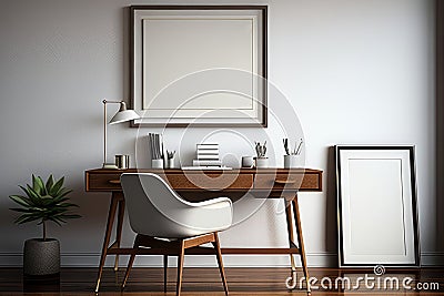 Interior of modern home office with wooden walls, concrete floor, comfortable computer table with black chair and vertical mock up Stock Photo