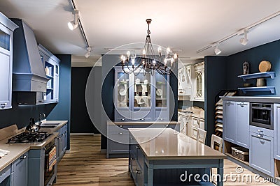 Interior of modern kitchen in blue tones Stock Photo