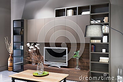 Interior of modern living room with furnished decorations in light Stock Photo