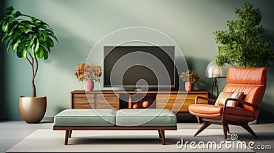 Interior of modern living room with sofa, orange armchair and TV. Generative AI Stock Photo