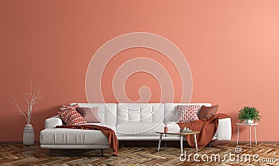 Interior of modern living room with white fabric sofa over coral wall 3d rendering Stock Photo