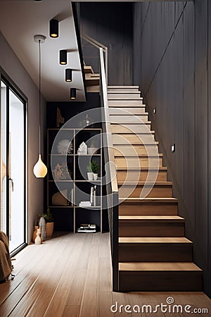 Interior of modern living room with wooden staircase and bookshelf. Scandinavian style Stock Photo