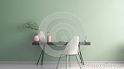 Interior of modern living room with wooden table and chair. Minimalistic style. Mint, green pastel colors. Stock Photo