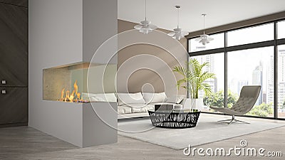Interior of modern loft with fireplace and white sofa 3D render Stock Photo