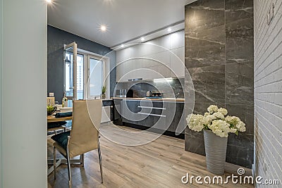 Interior of the modern luxure kitchen in studio apartments in minimalistic style with dark color with granite walls Stock Photo