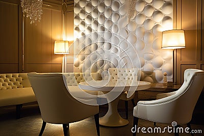 Interior of modern luxury restaurant, tables and couch in yellow room, generative AI Stock Photo